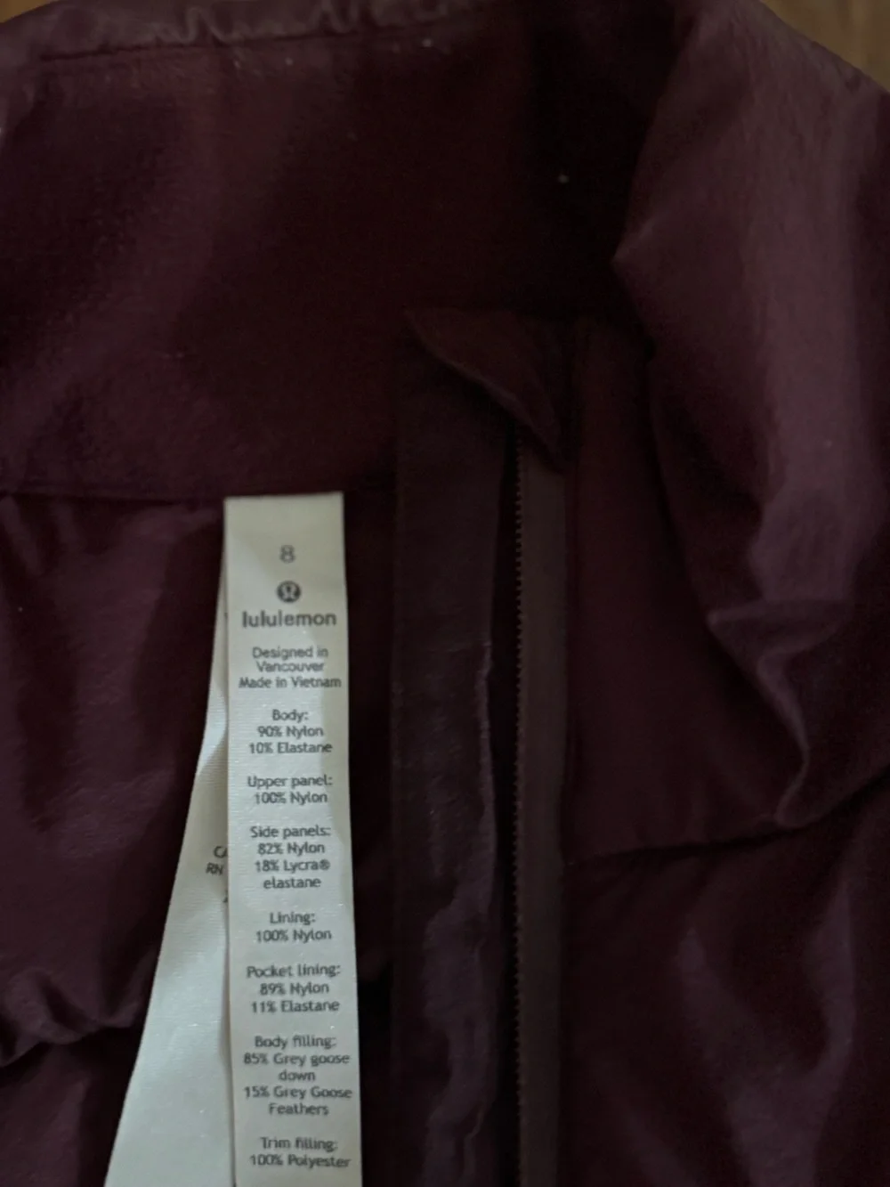 Lululemon Quilted Down Puffer Full Zip Sleeveless Mock Neck Vest Burgundy Red